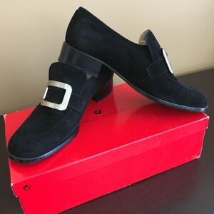 Vintage Charles Jourdan Black Suede Loafers with Silver Buckle